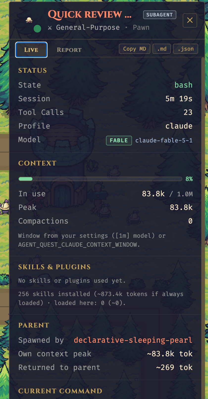 Detail panel of a subagent with its parent and returned tokens