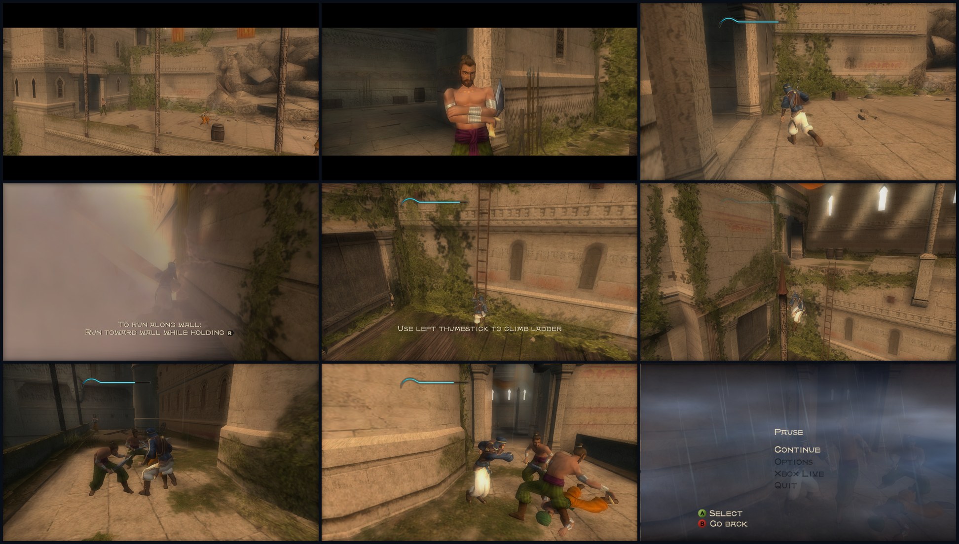 Xbox retail running in reSOT: cutscenes, courtyard gameplay, climbing, combat and pause menu