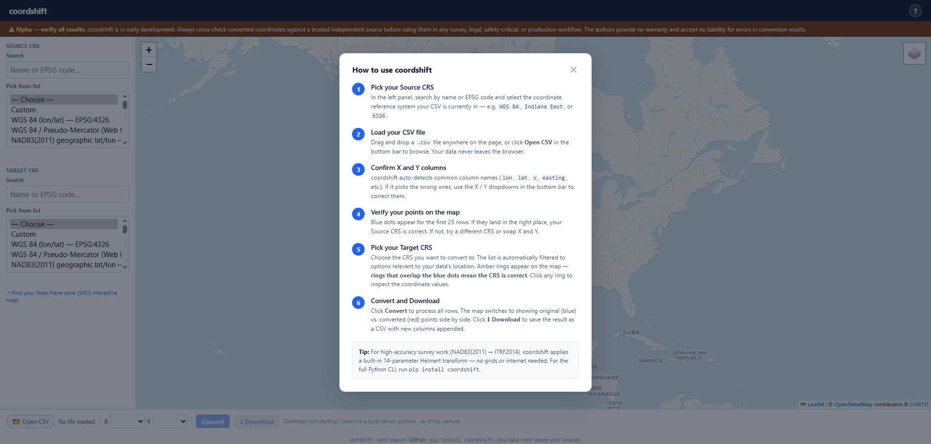 coordshift browser app: How to use (instruction modal)