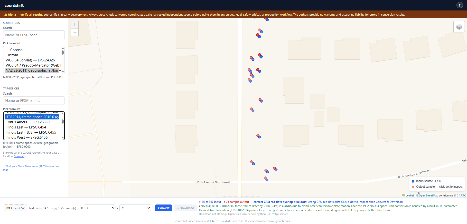 coordshift browser app: sample conversion preview on the map