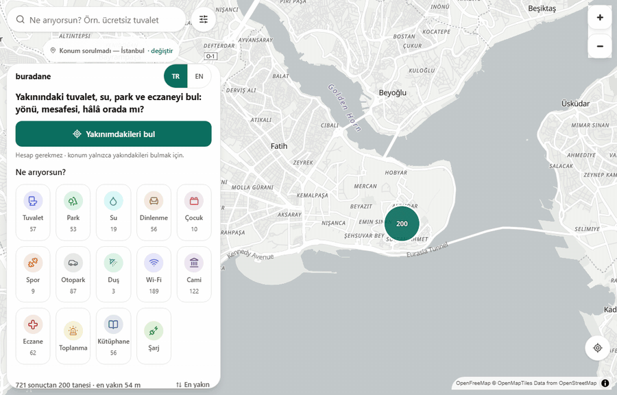 buradane: typing 'ücretsiz tuvalet' narrows 167,829 places on a map of Istanbul to the 19 nearest free toilets