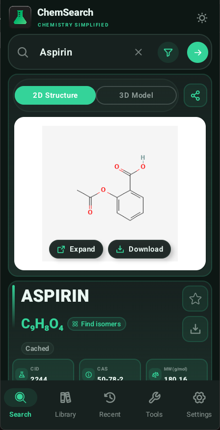 Aspirin result in dark emerald theme