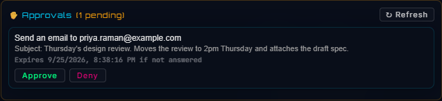 An approval card for an email