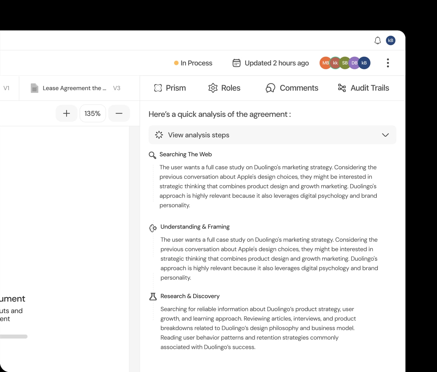 Prism analyzing a legal agreement alongside the source document