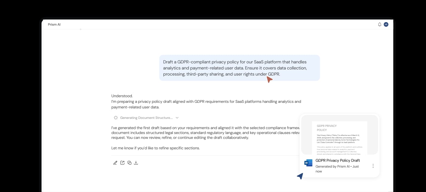 Prism AI assistant showing a conversation and an editable generated document preview
