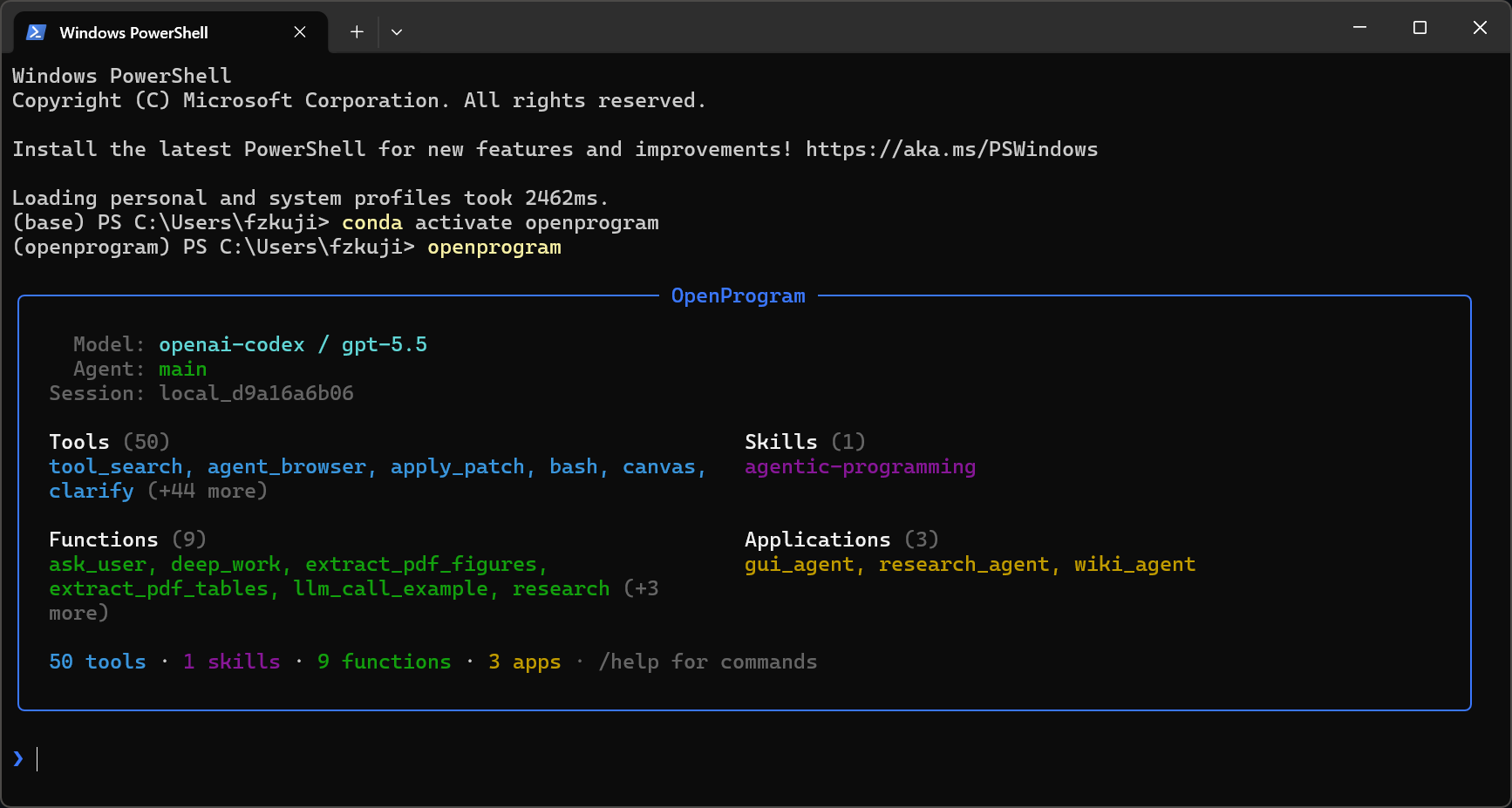 OpenProgram terminal UI on Windows PowerShell — welcome screen listing model, agent, session, and the registered tools / skills / functions / applications