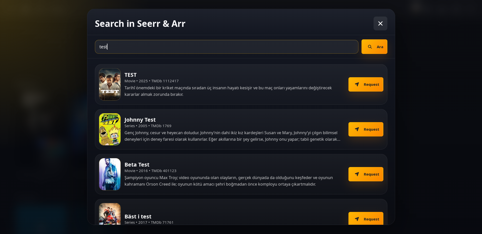 Seerr and Arr search results modal