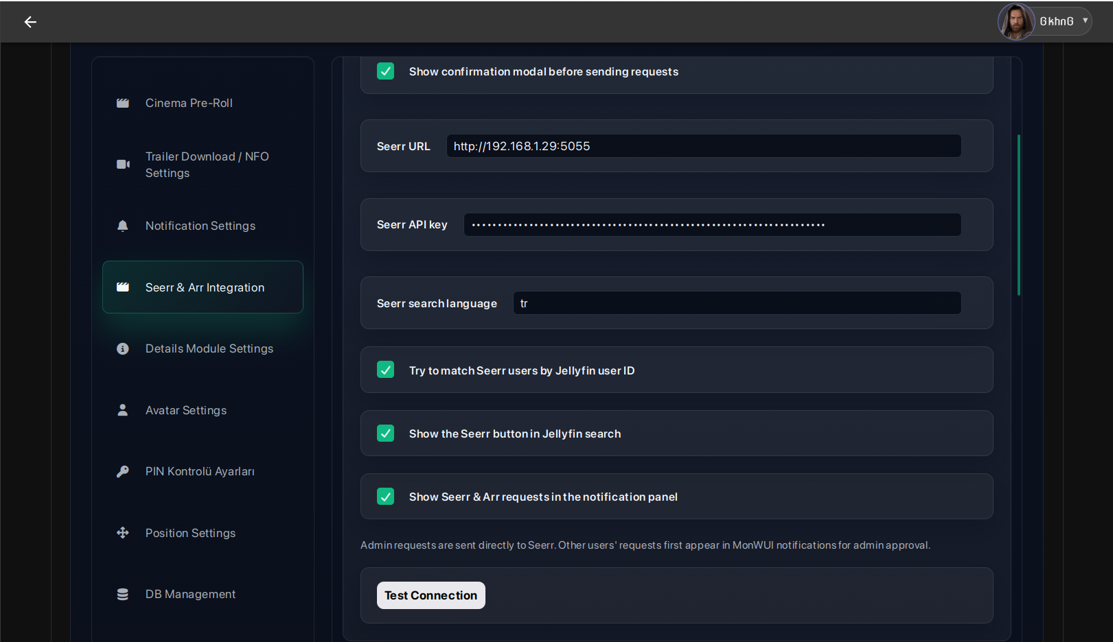 Seerr and Arr settings screen