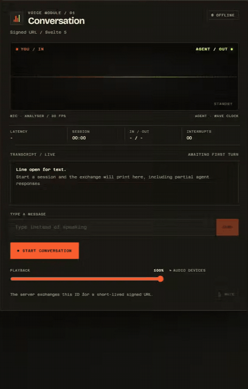 ConversationWidget running a live ElevenLabs session