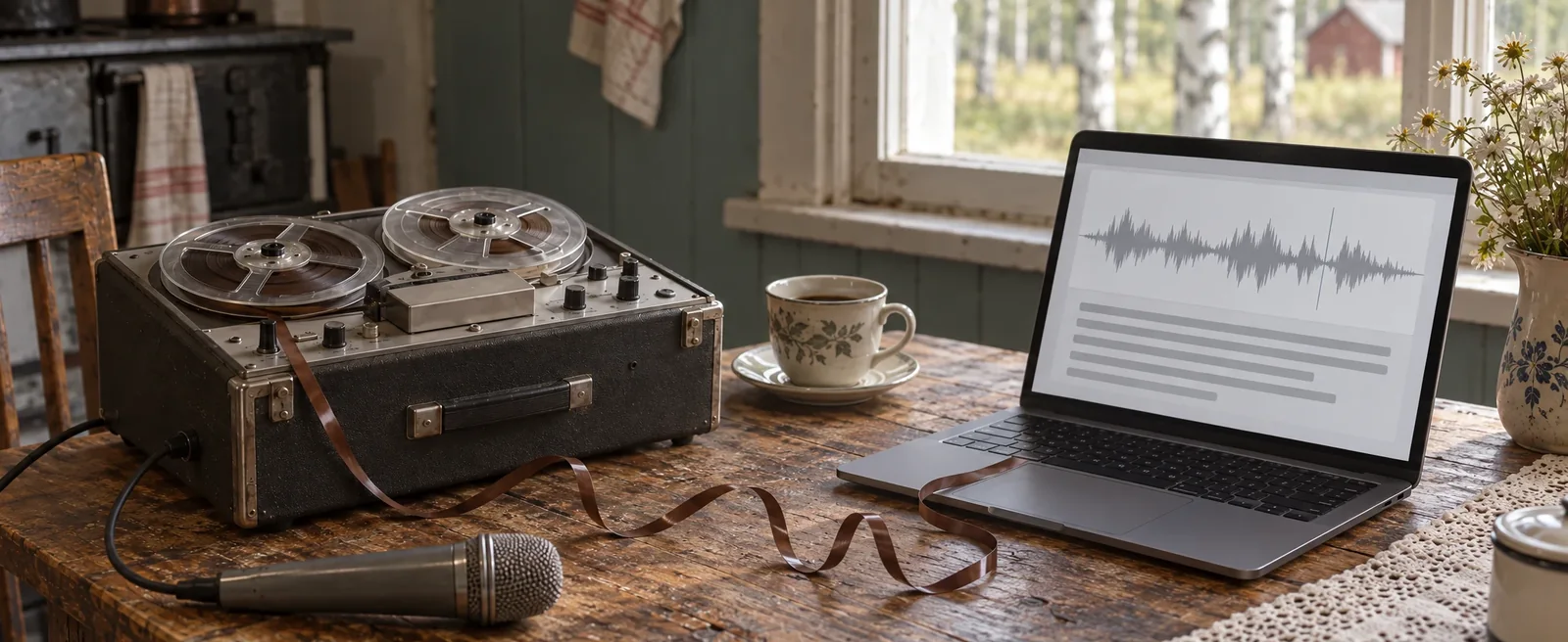 An old reel-to-reel tape recorder and a laptop showing a sound wave and a transcript, on a farmhouse kitchen table