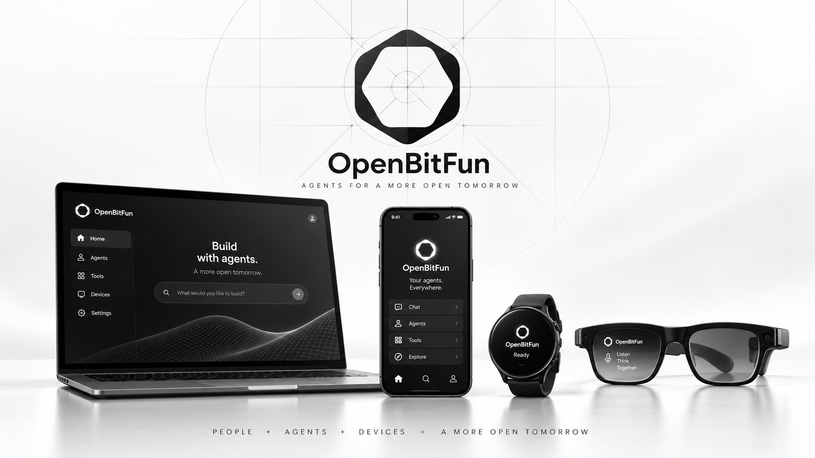 OpenBitFun across a laptop, phone, watch, and glasses