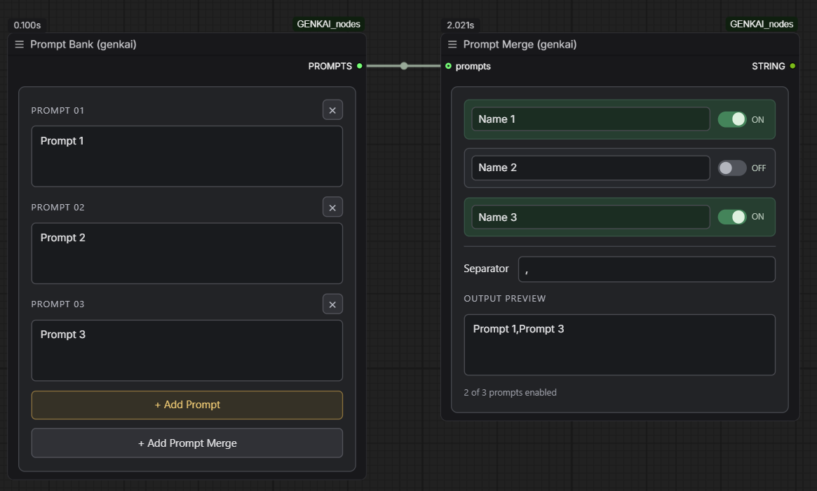 Prompt Bank connected to Prompt Merge, with named switches and a combined text preview