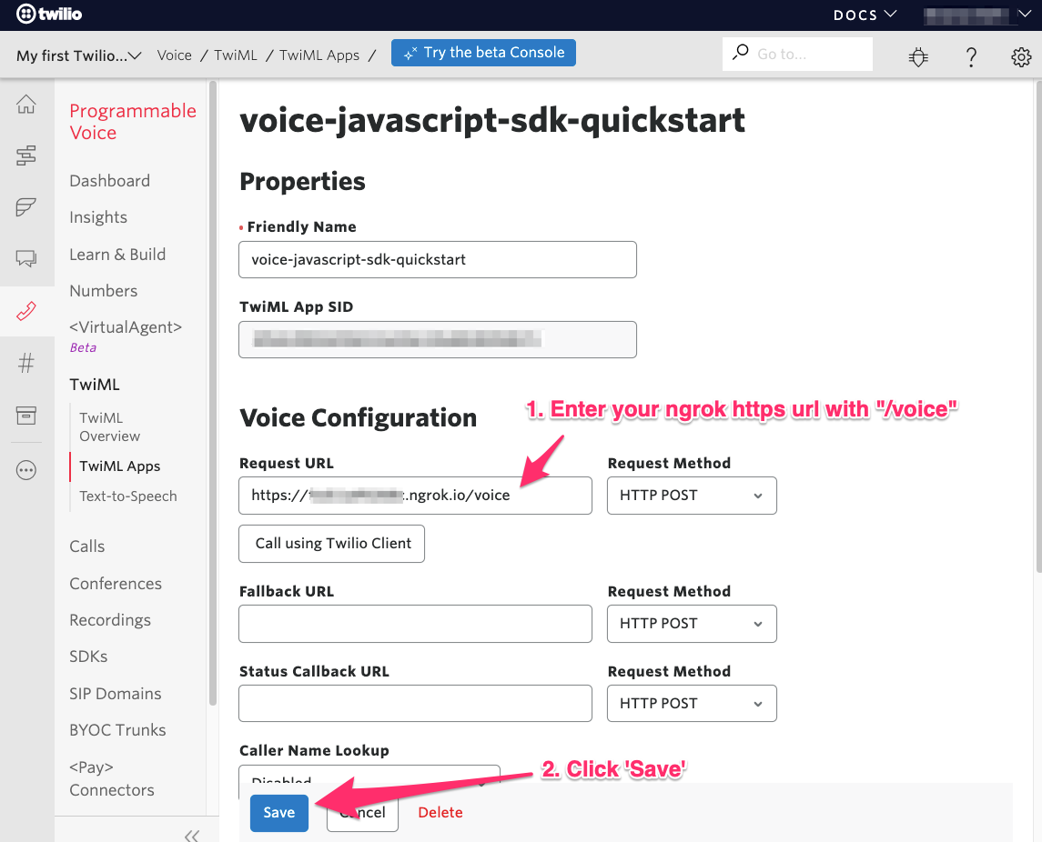 screenshot of TwiML App Voice Configuration