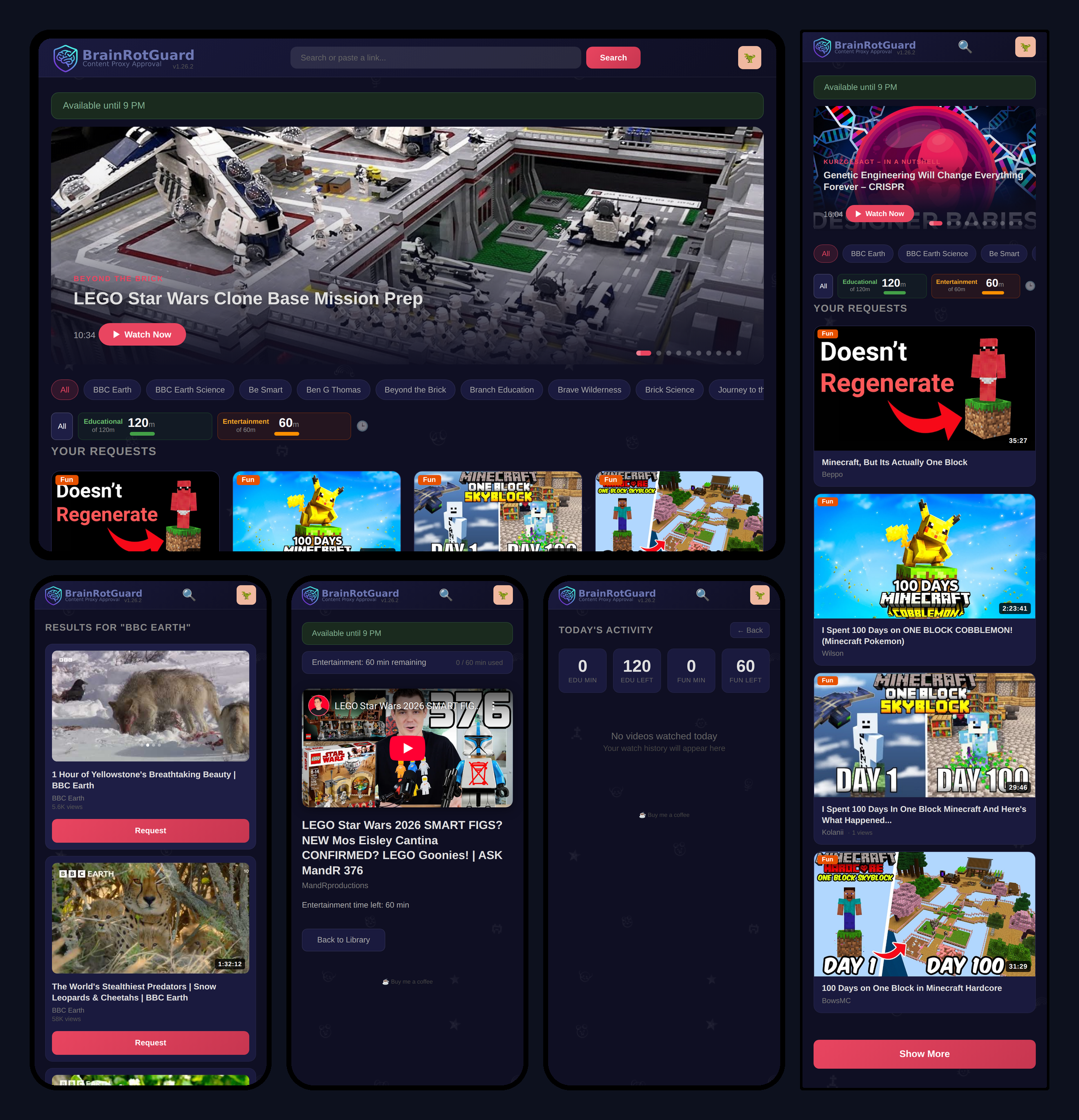 BrainRotGuard on desktop, tablet, and phone — homepage, search, watch, and activity views