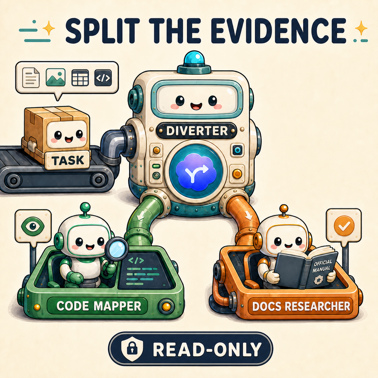 Split the Evidence: Diverter sends code inspection and official documentation verification to read-only specialists