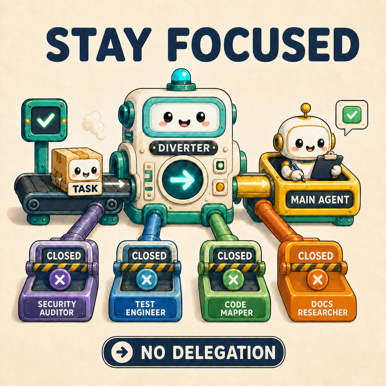 Stay Focused: a small task remains in the main thread while every specialist route stays closed