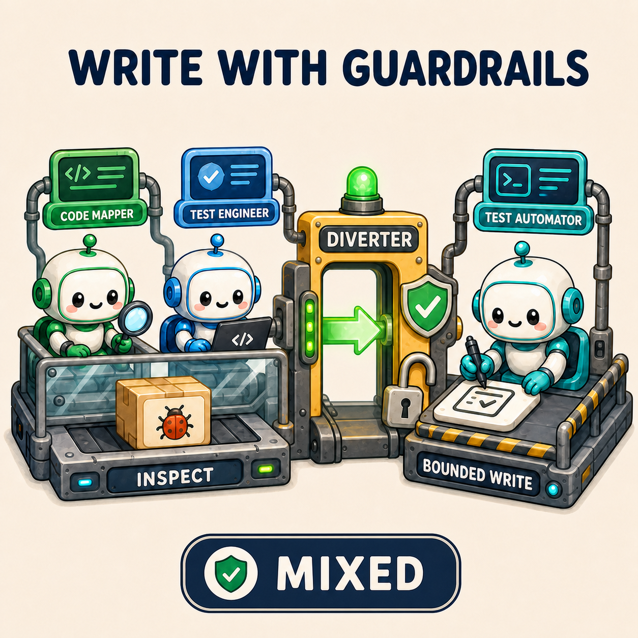 Write with Guardrails: Diverter separates inspection from bounded test writing in mixed mode