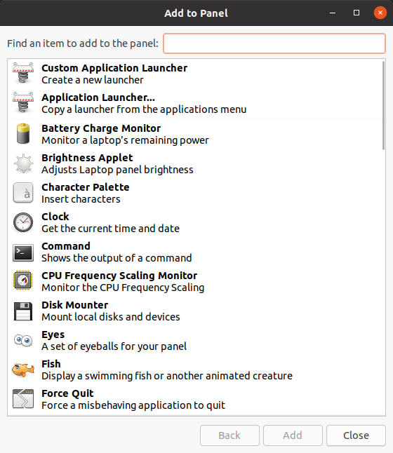 Add-to-panel dialog of a Gnome Panel