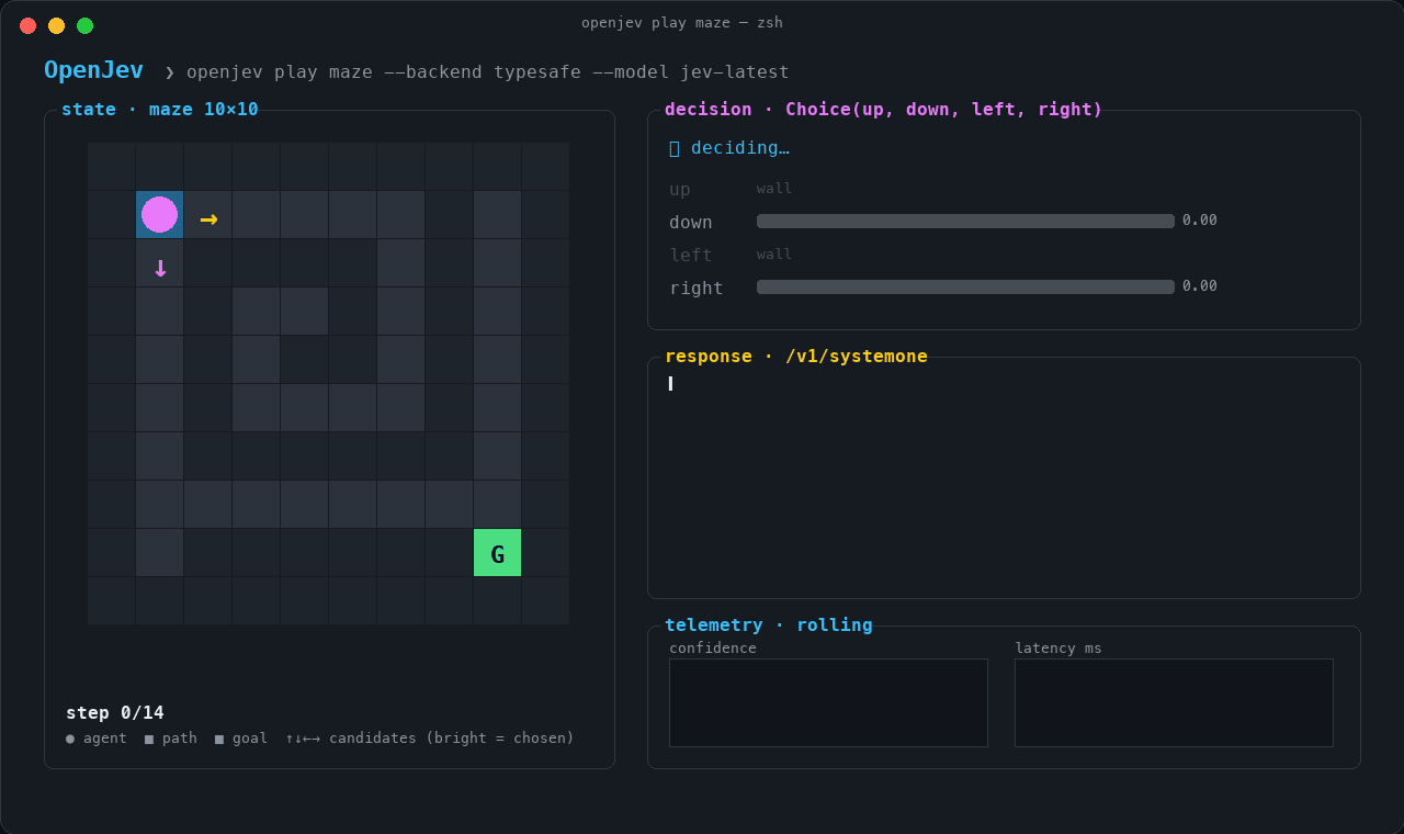 OpenJev TUI: Jev plays a maze, live decisions, streaming JSON and telemetry