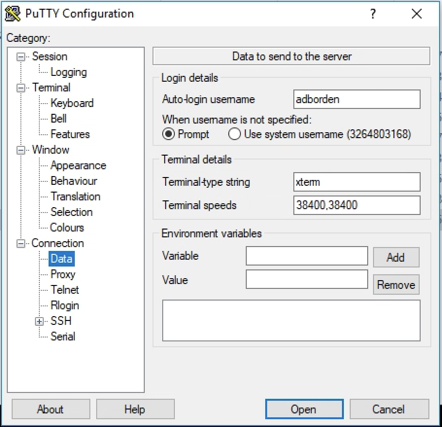 Putty dialog showing Connection Data settings