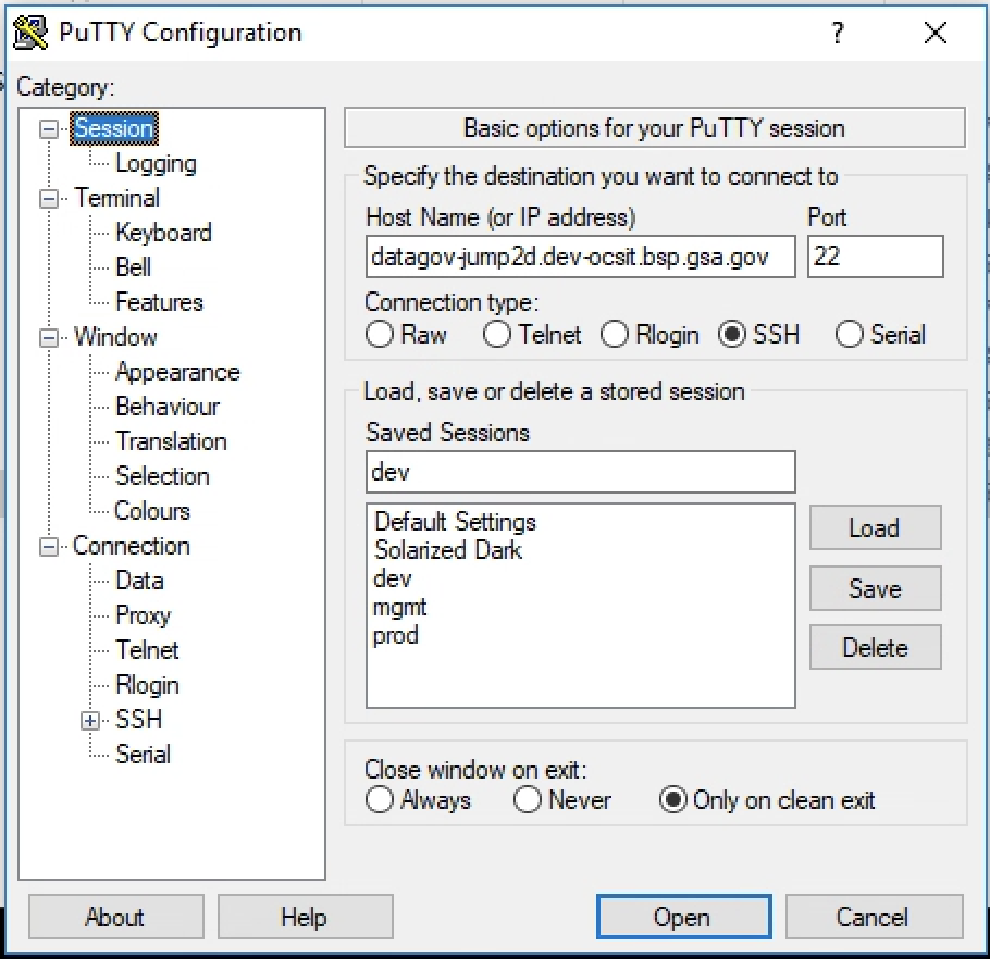 Putty dialog showing host name