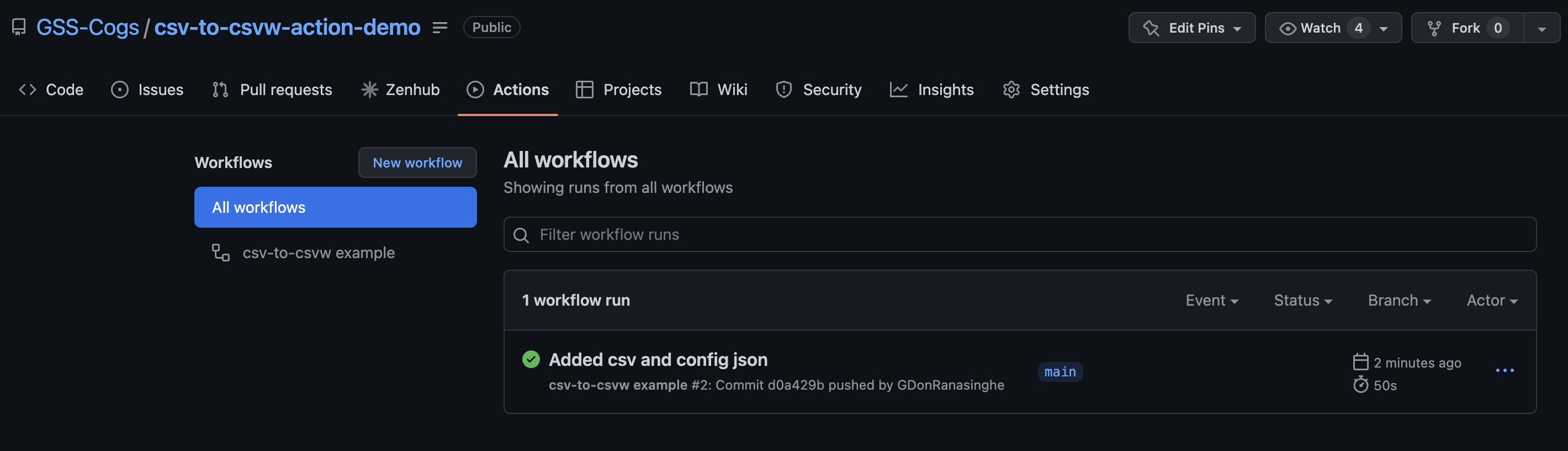 The image shows that the csv-to-csvw GitHub Action is running in the GitHub web console.