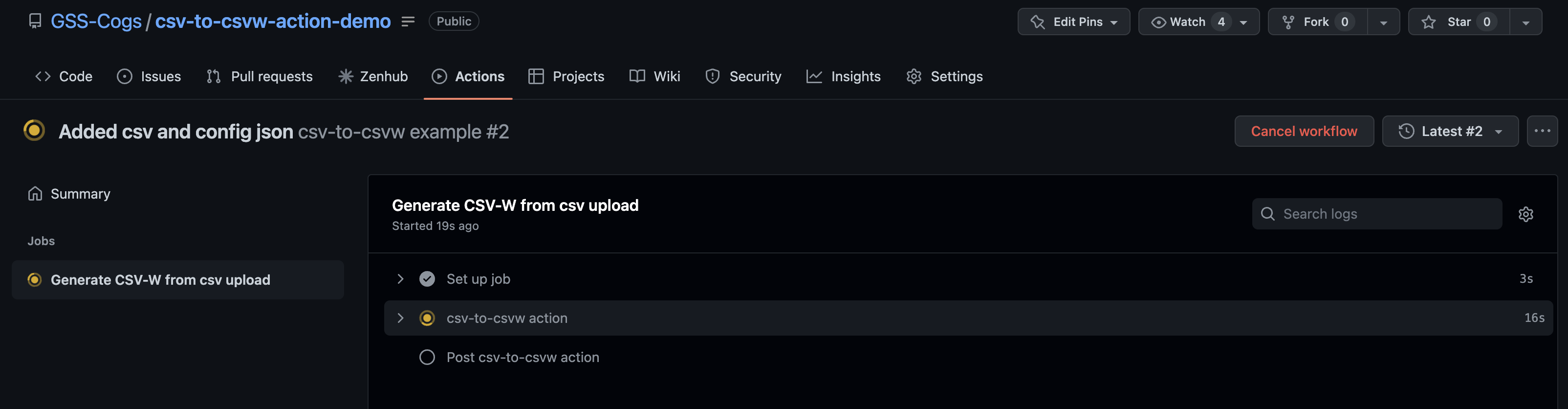 The image shows a detailed view of the progress of csv-to-csvw GitHub Action in the GitHub web console.