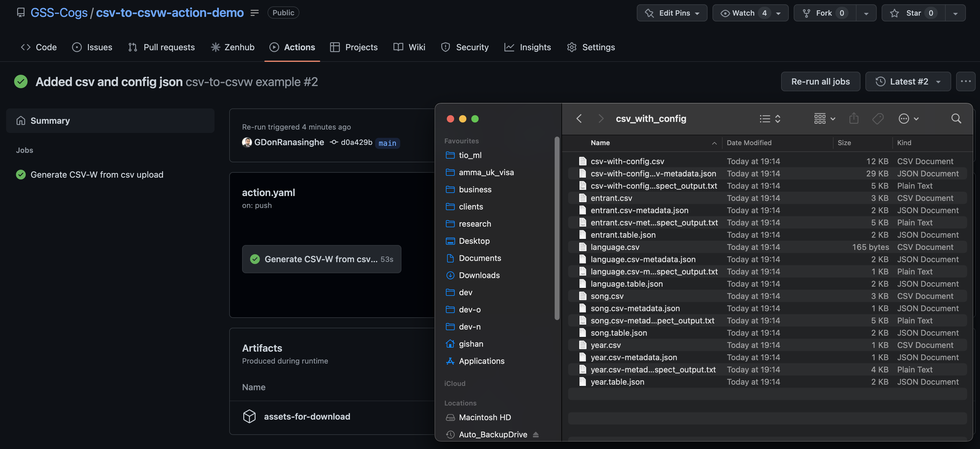 The image shows the out folder downloaded from GitHub artifacts. It contains the generated CSV-Ws.