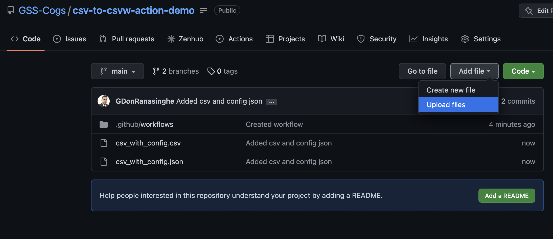 The commit inputs image shows the Upload Files option provided in the GitHub web console.