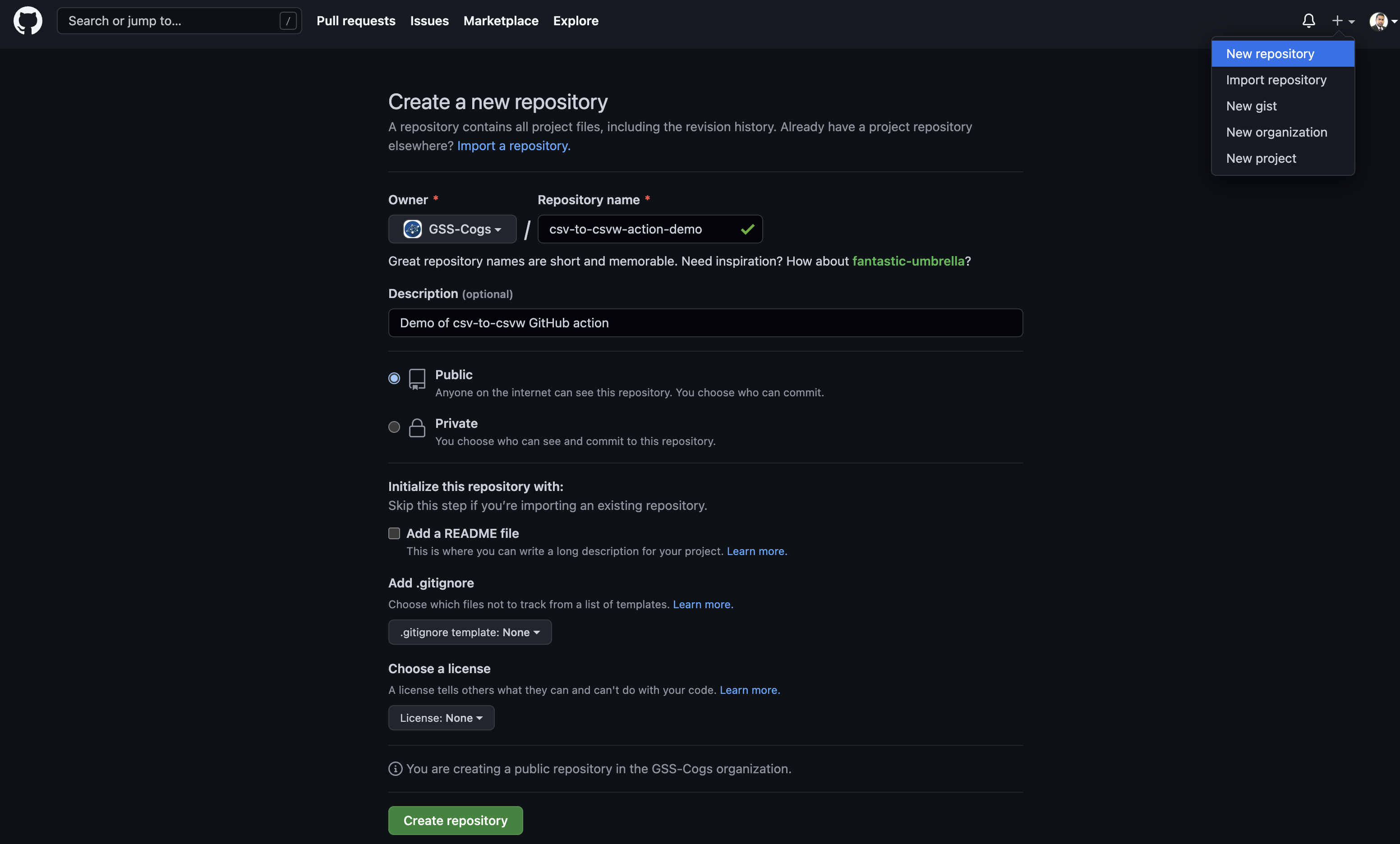 The create new repository image shows the GitHub web console for creating a new repository.