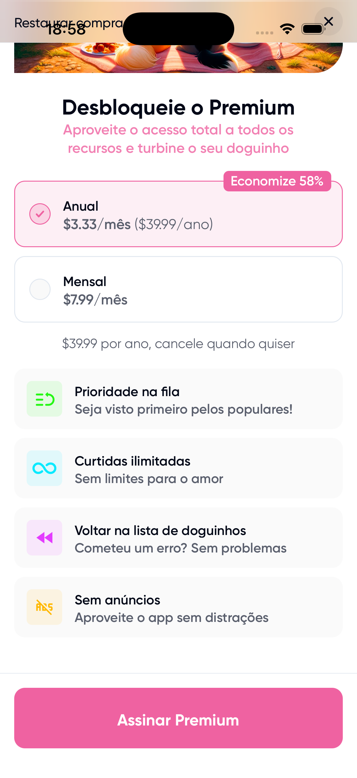 Paywall scrolled to the bottom with no trial copy