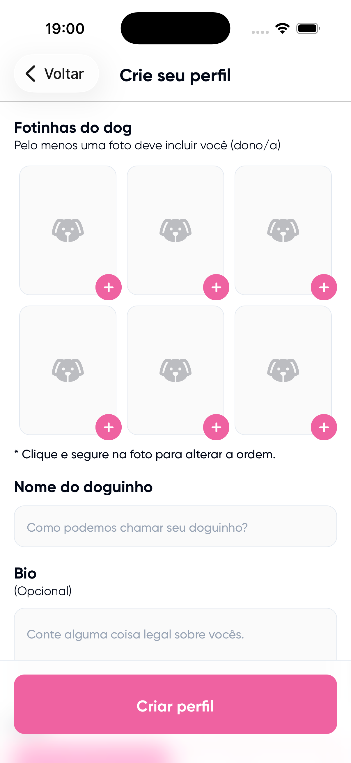 Create profile screen in Portuguese sentence case