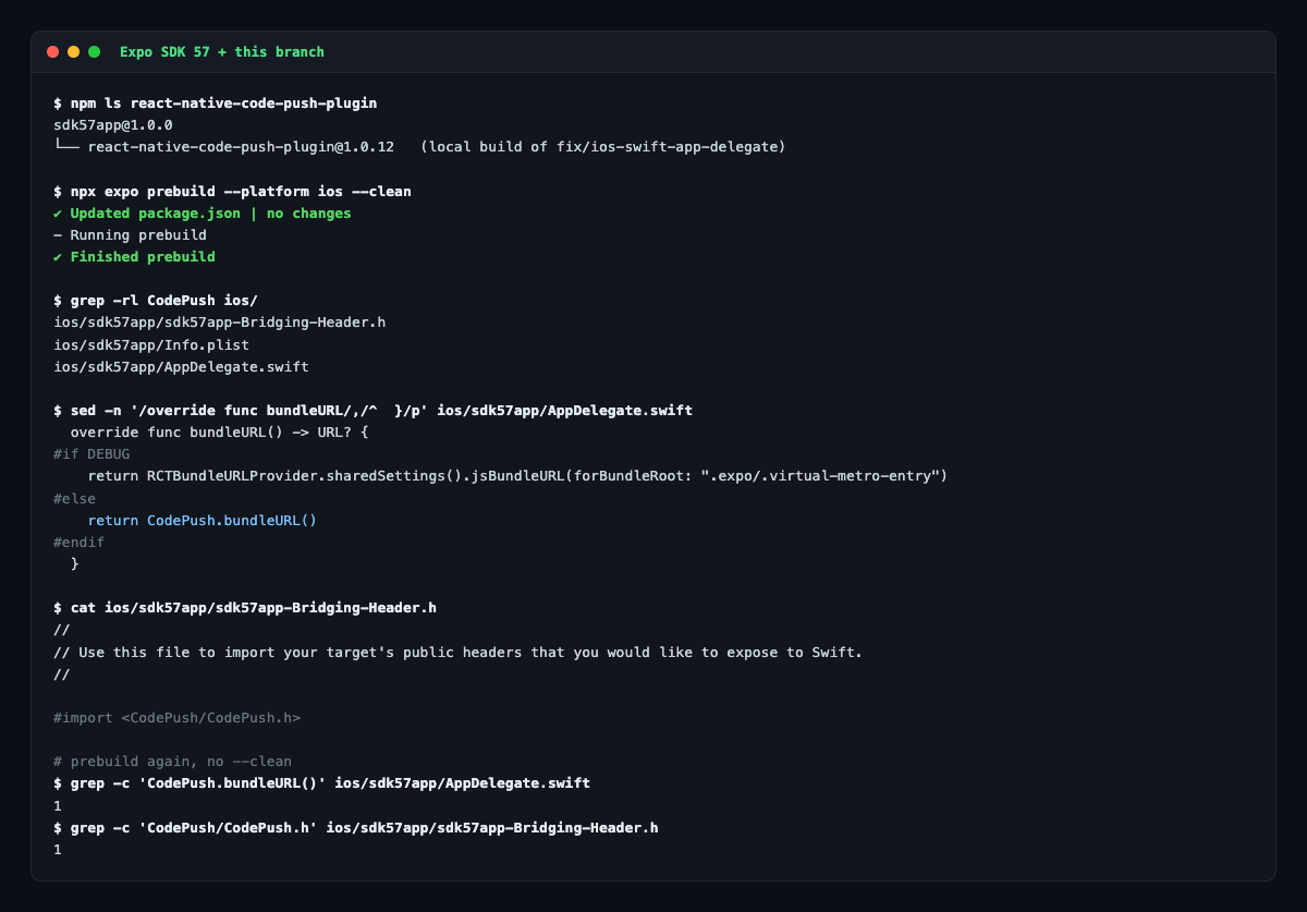 prebuild redirecting bundleURL to CodePush and adding the import to the bridging header