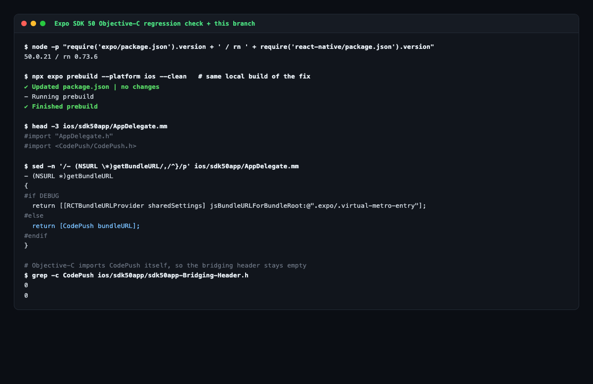 prebuild on SDK 50 importing CodePush in AppDelegate.mm and skipping the bridging header