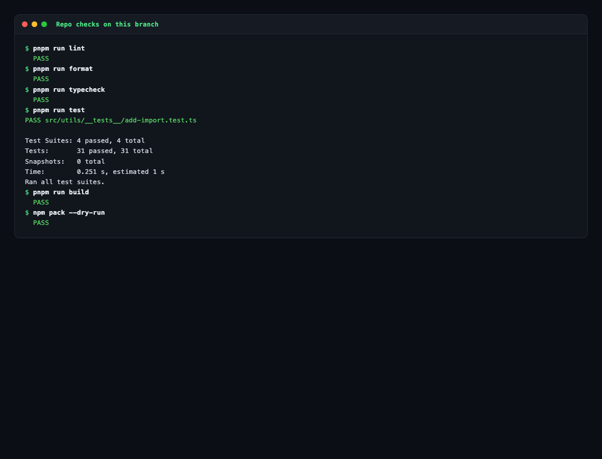 lint, format, typecheck, 31 tests, build and pack all passing