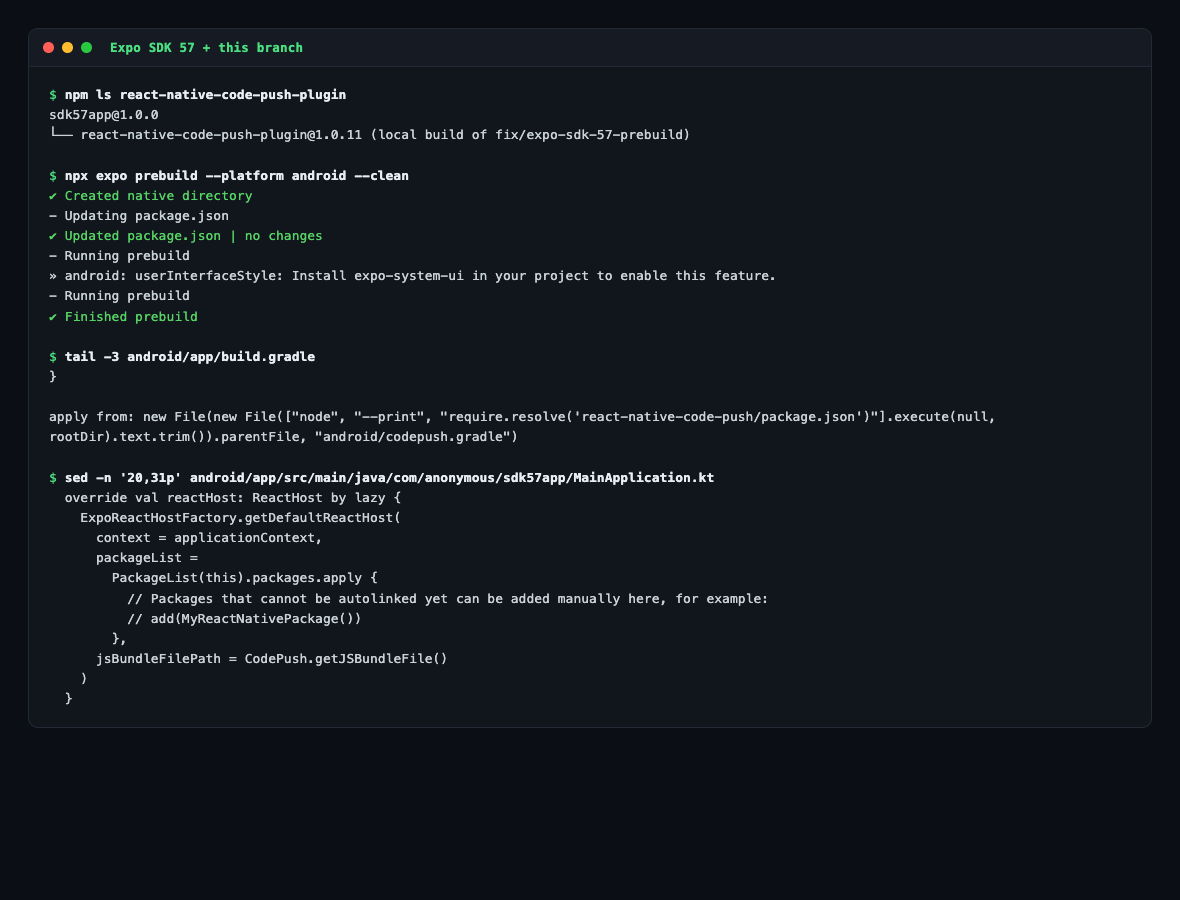 prebuild succeeding on SDK 57, with the generated gradle and Kotlin