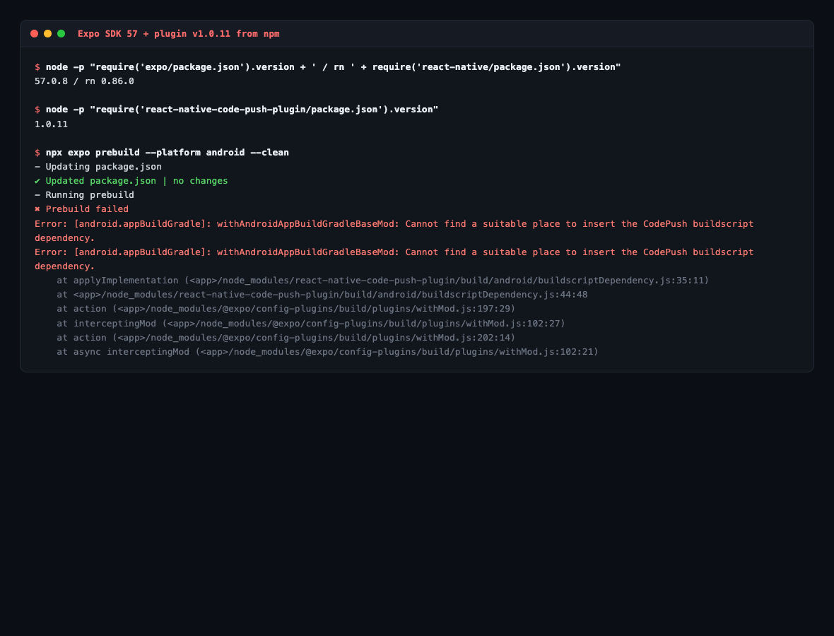 prebuild failing on SDK 57 with v1.0.11