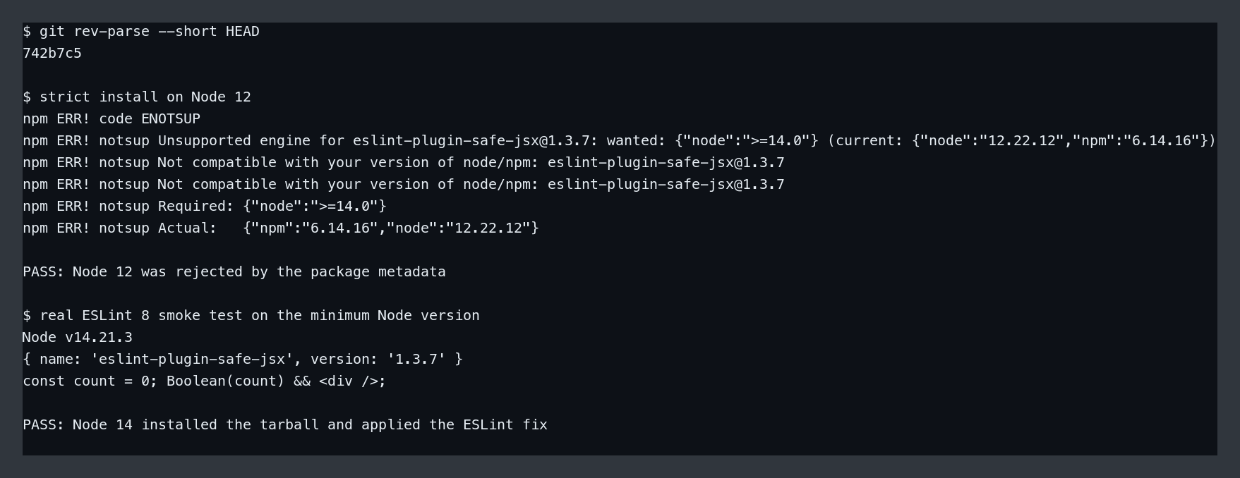 Node 12 rejection and Node 14 ESLint behavior