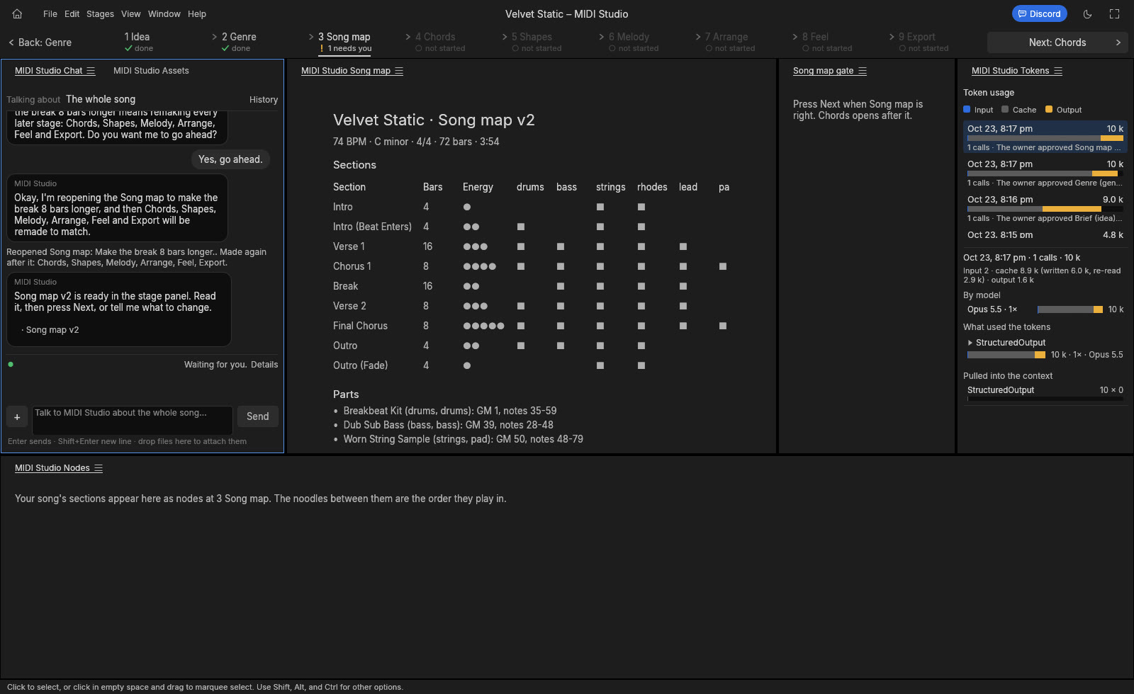 Mortiflix Music: the Song map stage, with the chat on the left and the token use on the right