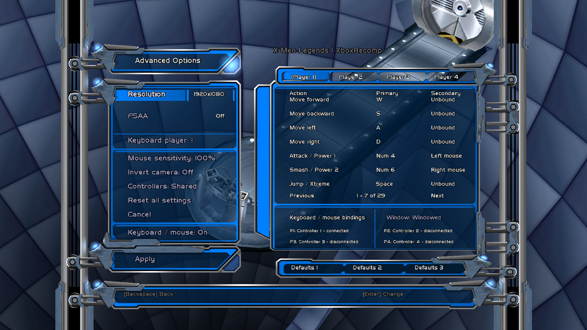 Advanced Options with display settings and control bindings