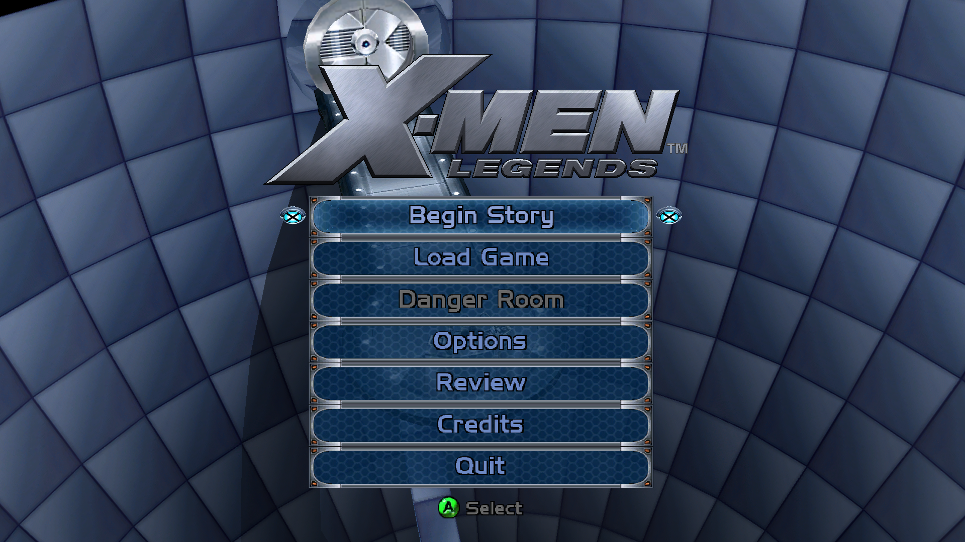 X-Men Legends main menu with its 3D background