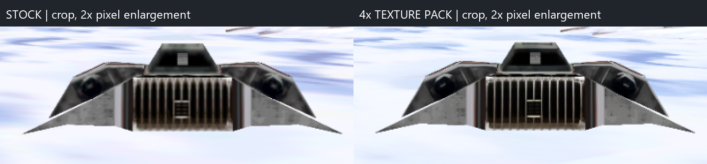 Stock and 4× texture pack snowspeeder detail