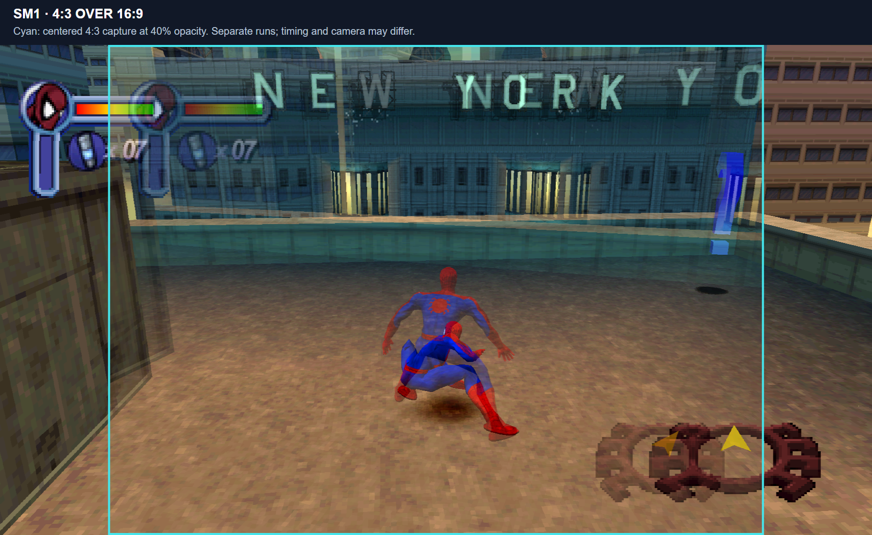 Spider-Man: centered 4:3 capture over 16:9, with cyan boundary