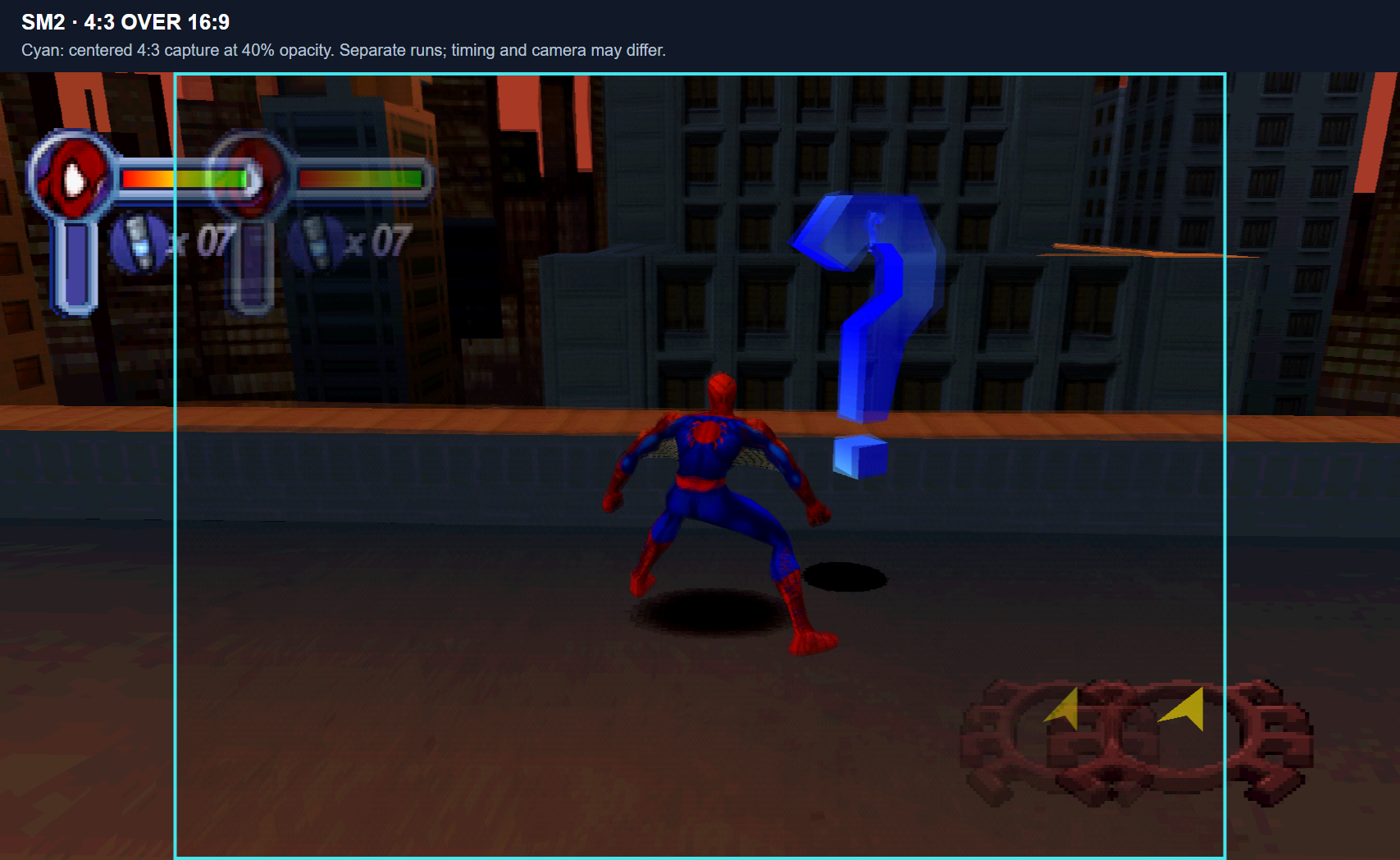 Spider-Man 2: Enter Electro: centered 4:3 capture over 16:9, with cyan boundary
