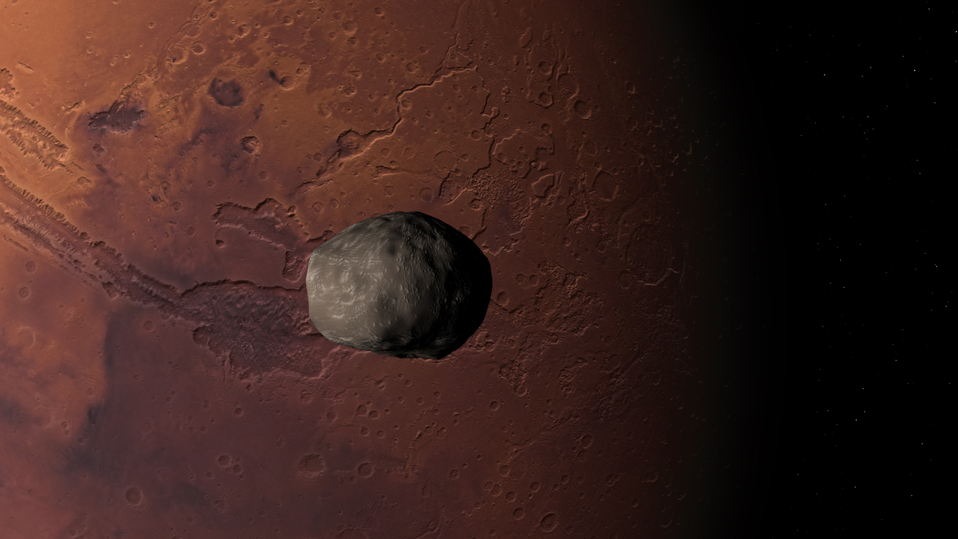 Phobos in the background of Mars