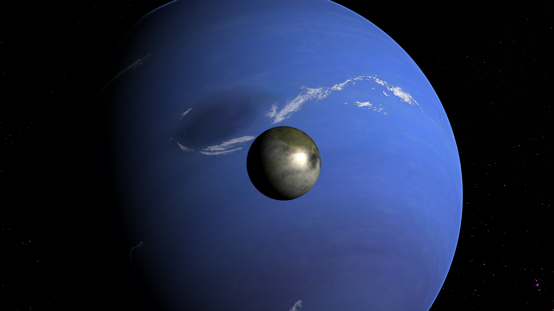 Triton in the background of Neptune