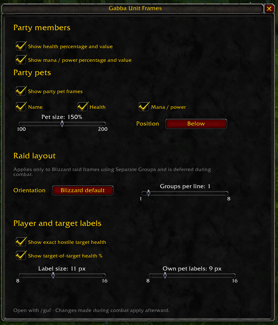 Gabba Unit Frames settings for party members, pets, raid layout and text sizes