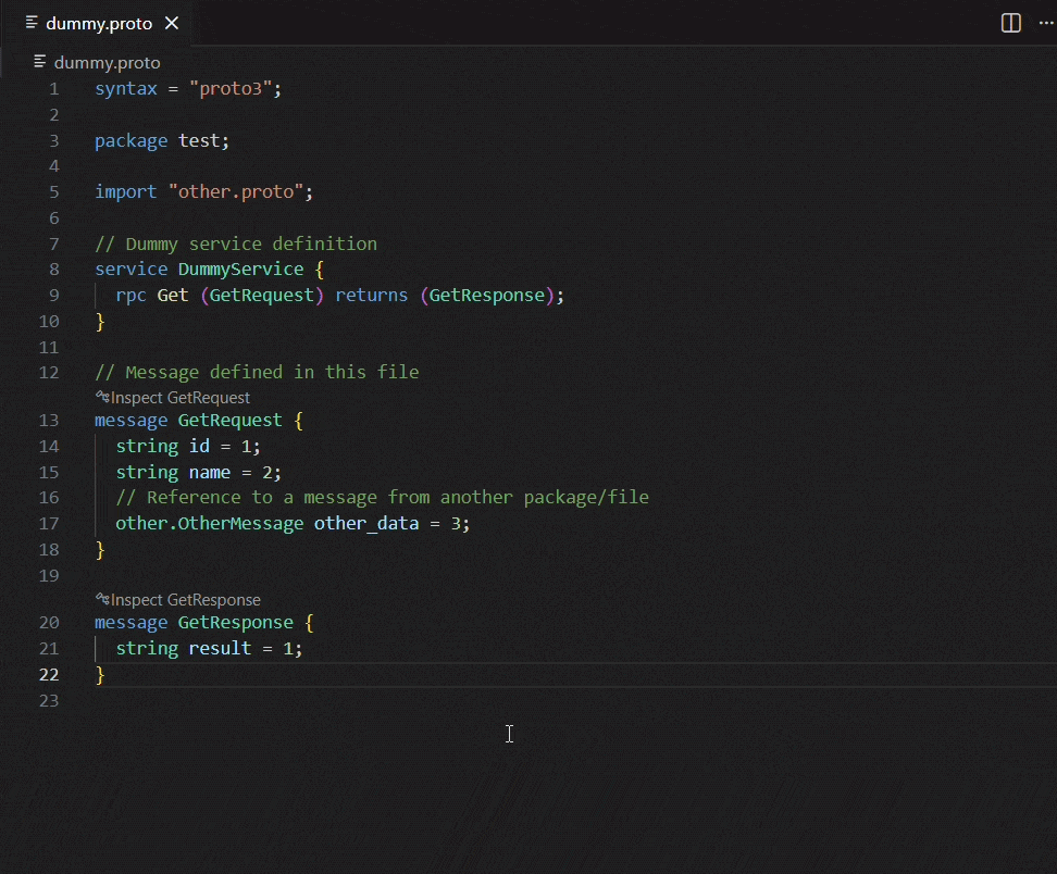 CodeLens above a message definition