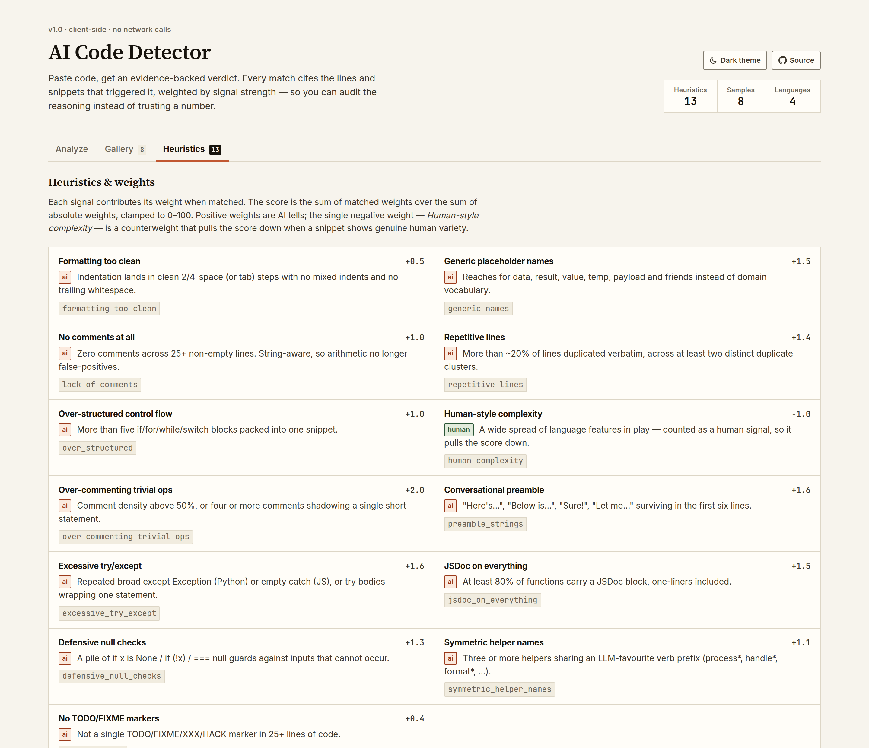 The heuristics tab
