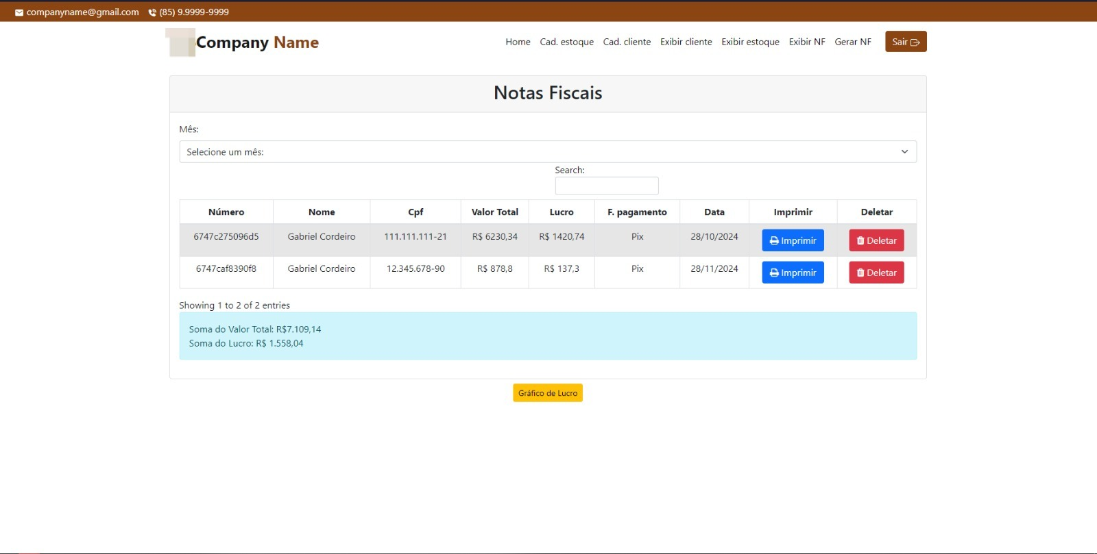 Exibição das Notas Fiscais